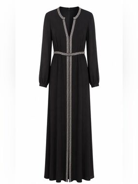 Tory Burch Black Long-Sleeve Maxi Dress with Crystal Trim